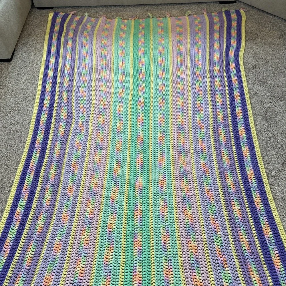 Vtg‎ Handmade Crochet Afghan Large Pastel Throw Blanket Spring Easter 50